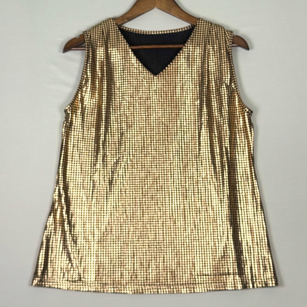 Unbranded Tank Top Womens 0XL Gold Excellent Metallic Disco Grid V-Neck